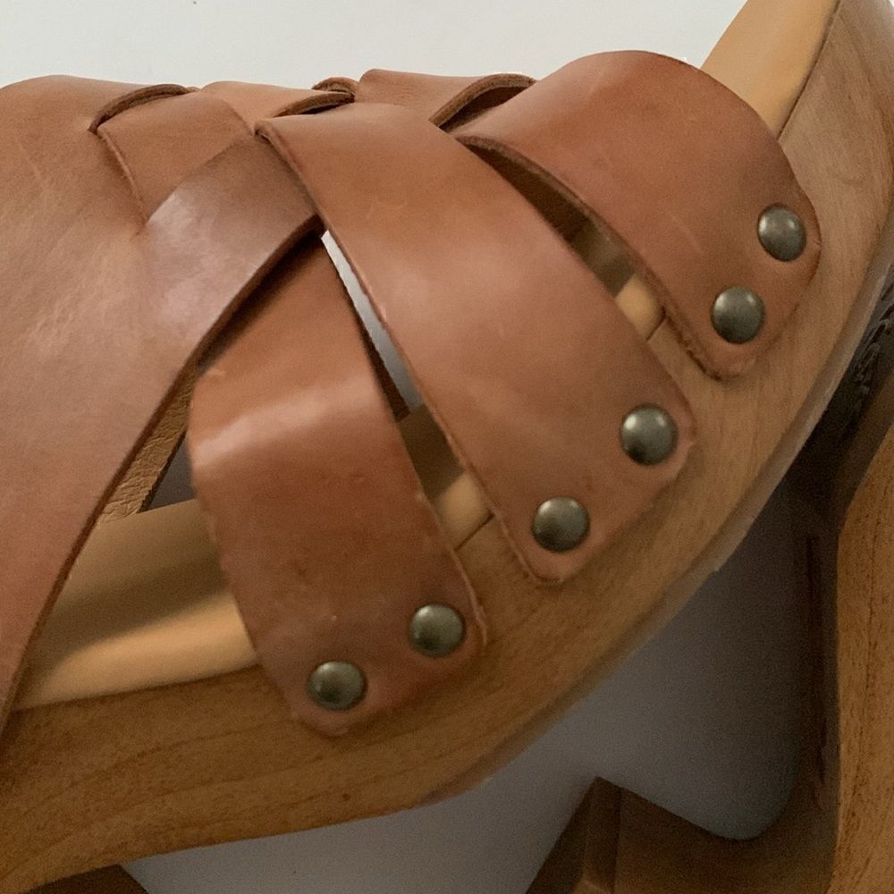 Korks Bagley brown basket woven leather upper open toe wooden heel size 11 - Picture 12 of 12